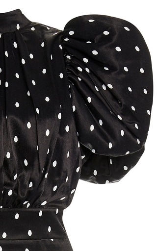 Dawn Polka-Dot Satin Puff-Sleeve Midi Dress展示图