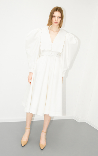 Puff Sleeve Puritan Collar White Dress With Crystal Embroidery Details展示图