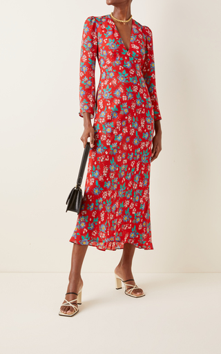 Nadine Printed Silk Open-Back Midi Dress展示图