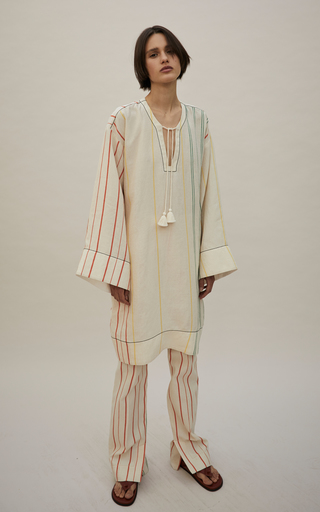 Split-Cuff Striped Linen Straight-Leg Pants展示图