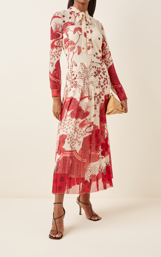 Pleated Toile-Print Georgette Maxi Tie-Neck Dress展示图