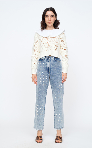 Betty Pearl-Embellished Acid-Washed Rigid High-Rise Straight-Leg Jeans展示图