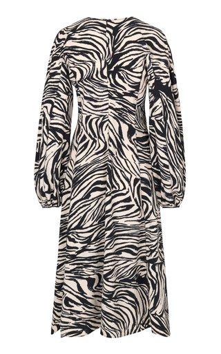 Rosen Puff-Sleeve Zebra-Print Crepe Midi Dress展示图