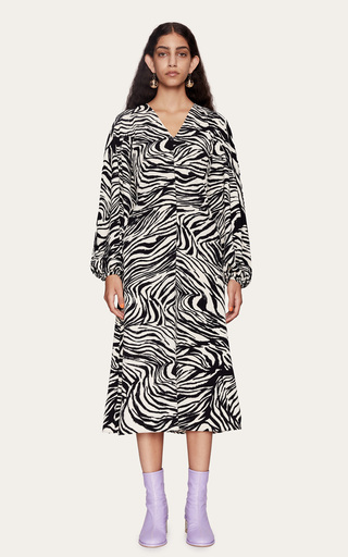 Rosen Puff-Sleeve Zebra-Print Crepe Midi Dress展示图