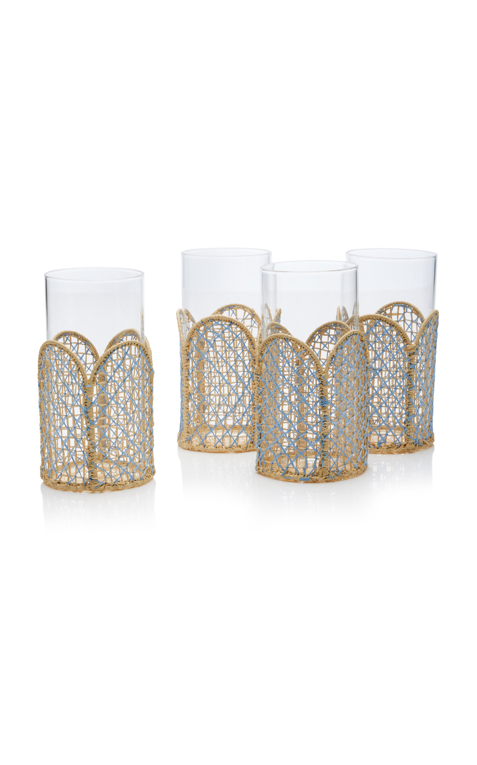 Moda Domus Set-of-four Raffia-lined Tall Glasses In Neutral,blue