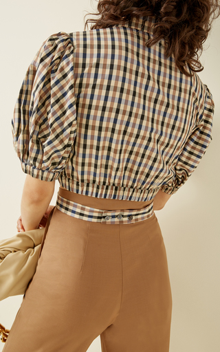 Puff-Sleeve Cutout Plaid Crop Top展示图