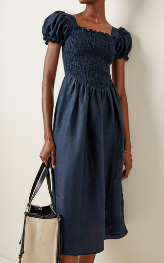 Belle Smocked Linen Midi Dress展示图