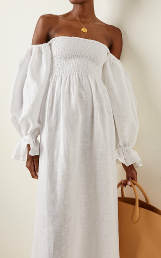 Atlanta Smocked Linen Off-The-Shoulder Midi Dress展示图