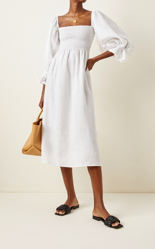 Atlanta Smocked Linen Off-The-Shoulder Midi Dress展示图