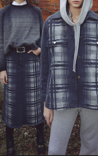 Hand Treated Tartan Printed Denim Midi Skirt展示图