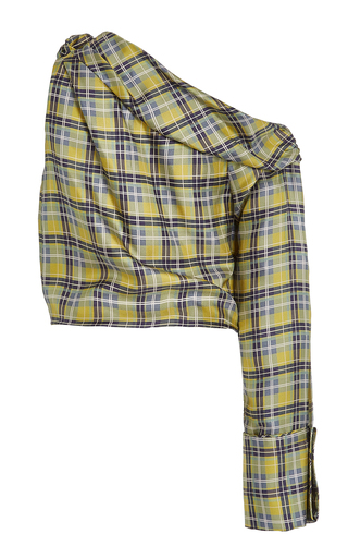 Savannah Checkered Asymmetric-Sleeve Top展示图