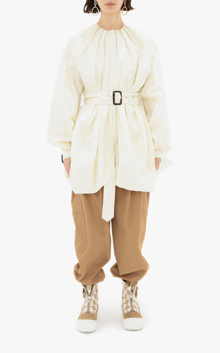 Belted Oversized Pleated Cotton Poplin Shirt展示图