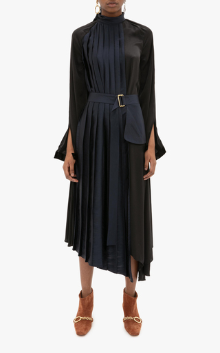 Belted Pleated Two-Tone Satin Midi Dress展示图