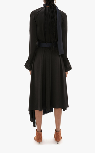 Belted Pleated Two-Tone Satin Midi Dress展示图