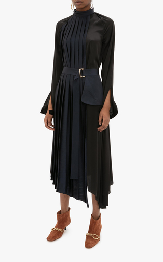 Belted Pleated Two-Tone Satin Midi Dress展示图