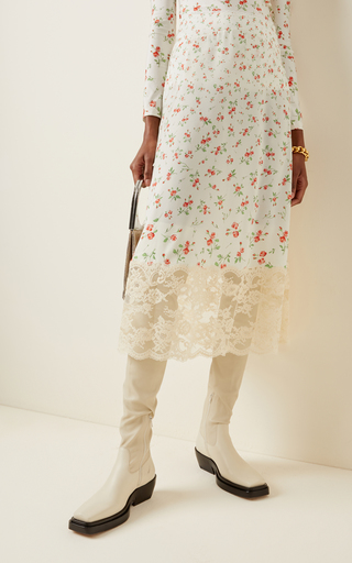 Lace-Trimmed Rosebud-Print Satin Midi Skirt展示图