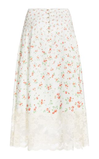 Lace-Trimmed Rosebud-Print Satin Midi Skirt展示图