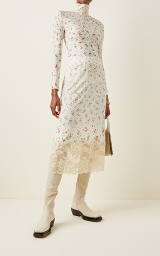 Lace-Trimmed Rosebud-Print Satin Midi Skirt展示图