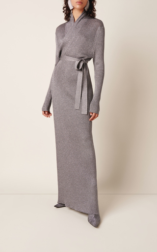 Metallic Ribbed-Knit Maxi Wrap Dress展示图