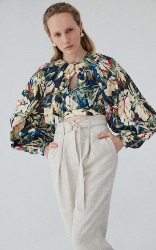 Harlow Puff-Sleeve Printed Crepe Cropped Top展示图