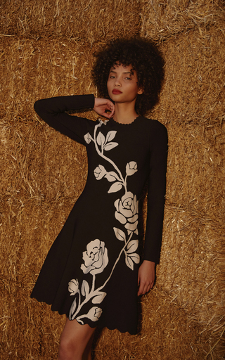 Floral Jacquard Knit Long Sleeve Fit And Flare Dress展示图