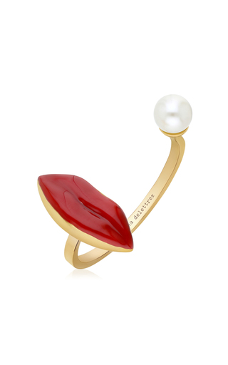 Lip Piercing Enameled 9K Yellow Gold Pearl Ring展示图