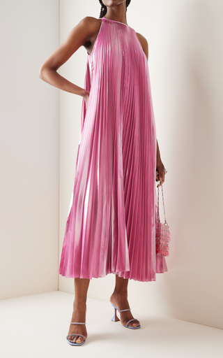 Crystal-Embellished Pleated Satin Midi Dress展示图