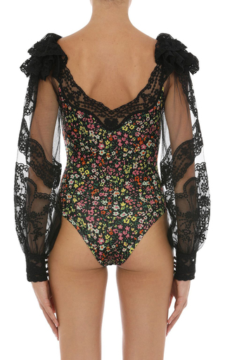 Lace-Sleeve Floral-Print Lycra Bodysuit展示图