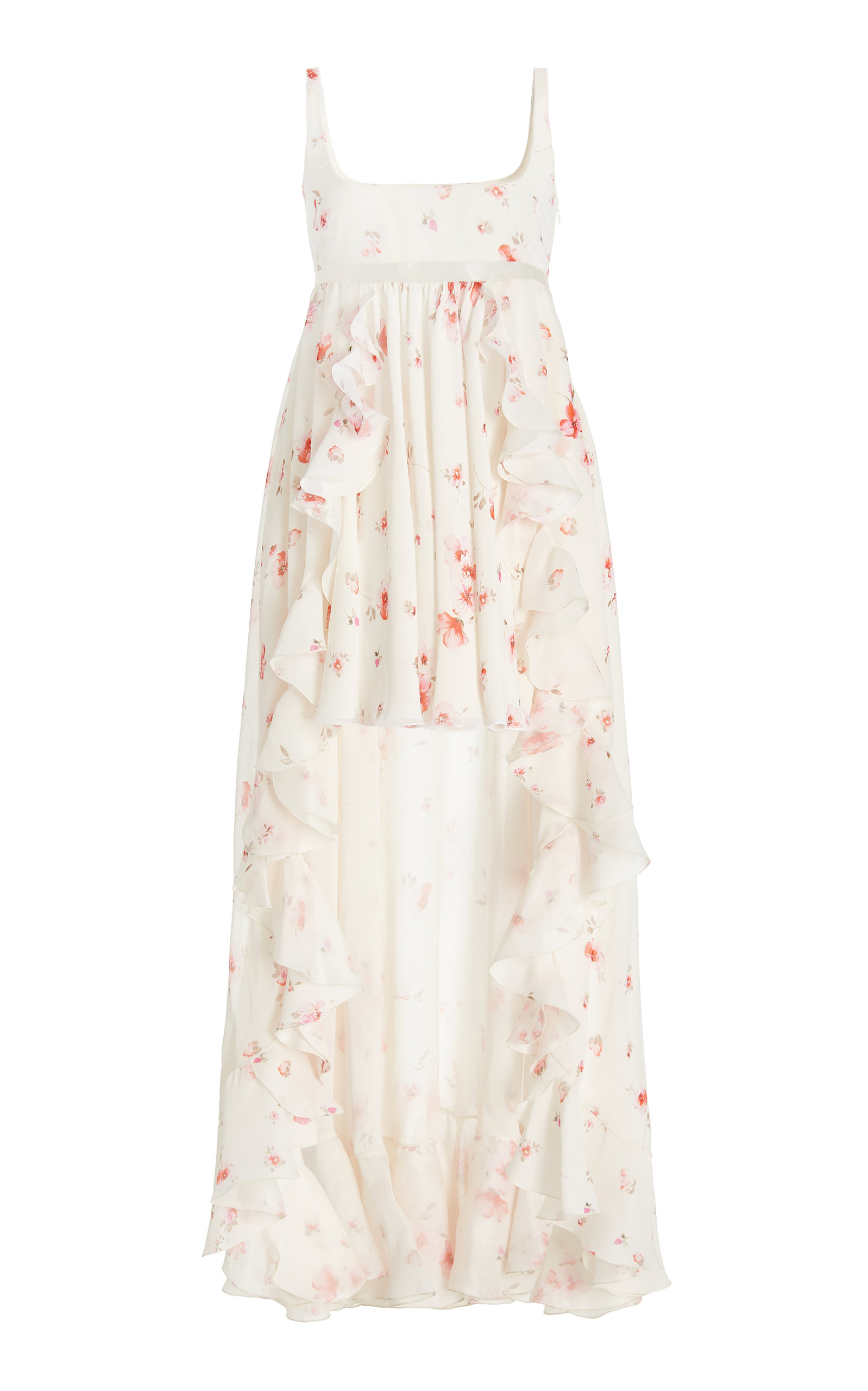 Ruffled Floral Silk High-Low Maxi Dress