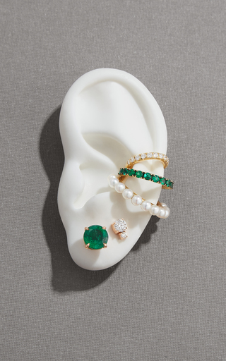 18K Yellow Gold Prive Pearl Emerald & Diamond Triple Earcuff展示图