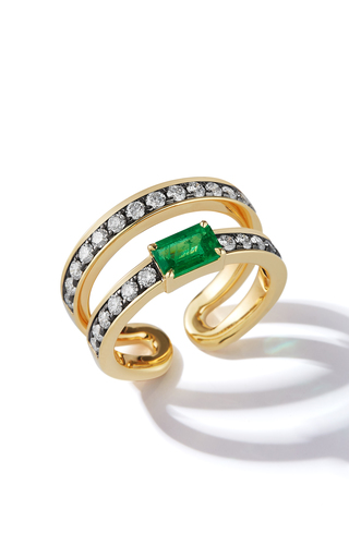 18K Yellow Gold Prive Zambian Emerald & Diamond Double Band Ring展示图