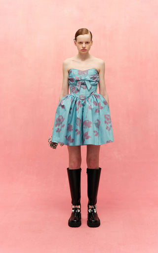 Bow-Detailed Printed Satin Strapless Mini Dress展示图