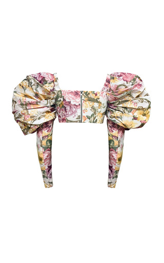 Bubble-Sleeve Printed Satin Crop Top展示图