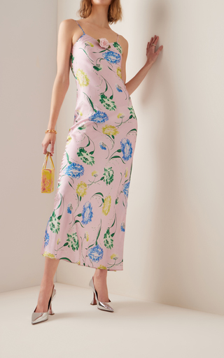 Rose-Detailed Floral Silk Midi Slip Dress展示图