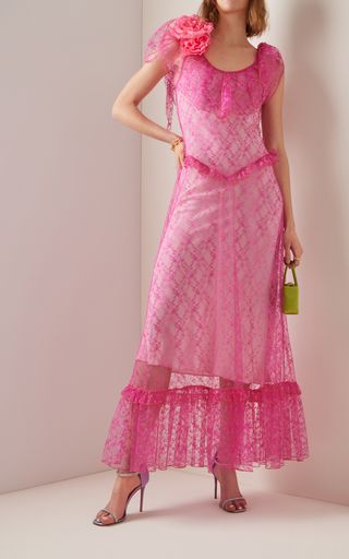 Rose-Appliqued Ruffled Lace Maxi Dress展示图