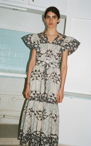 Clemence Printed Flutter-Sleeve Cotton Maxi Dress展示图