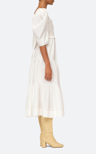 Simona Puff-Sleeve Smocked Cotton Midi Dress展示图