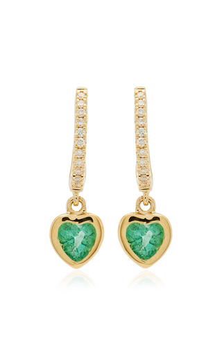 14K Yellow Gold Diamond, Emerald Mini Huggie Earrings展示图