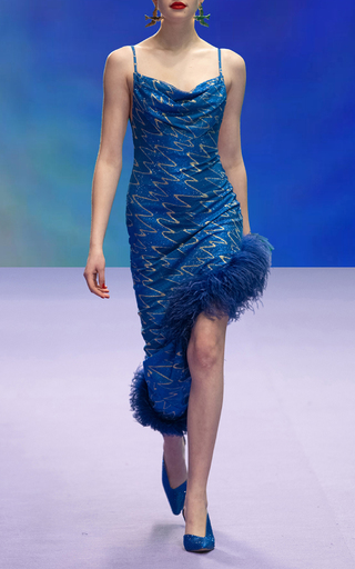 Crystal-Embellished Feather-Trimmed Midi Dress展示图