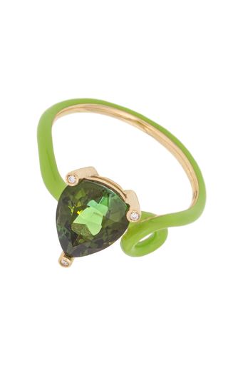 18k Yellow Gold Kim Ring with Green Touramline and Lime Green Enamel展示图