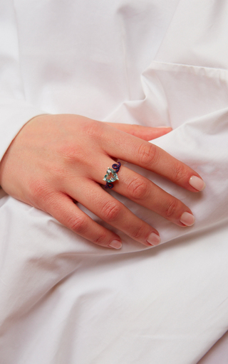 18k Yellow Gold Penny Ring with Aquamarine and Indigo Enamel展示图