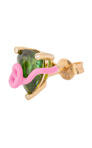 18k Yellow Gold Raven Stud Earrings with Green Tourmaline and Bubblegum Pink Enamel展示图