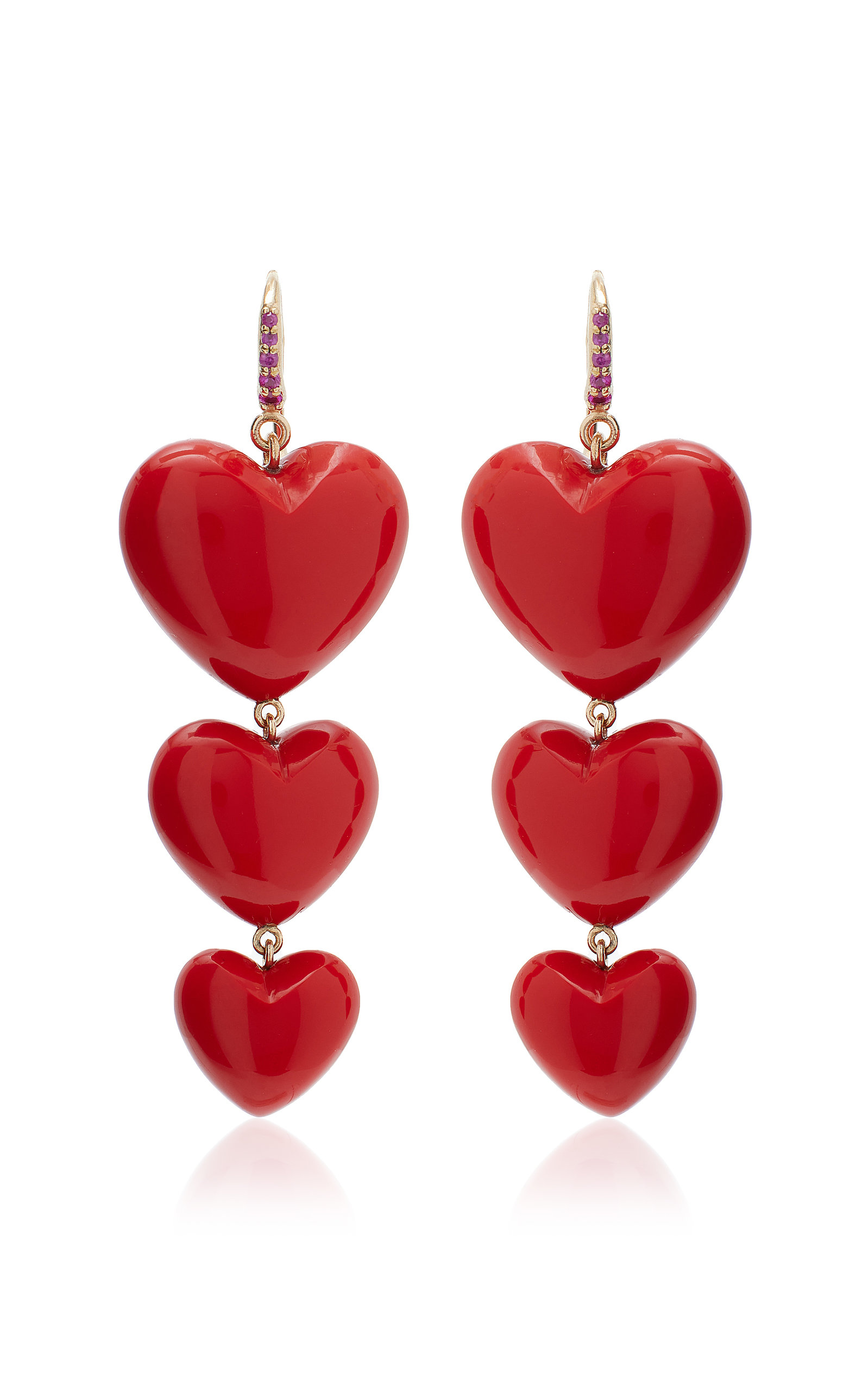 The Triple Heart 14K Yellow Gold Pink Sapphire; Coral Earrings