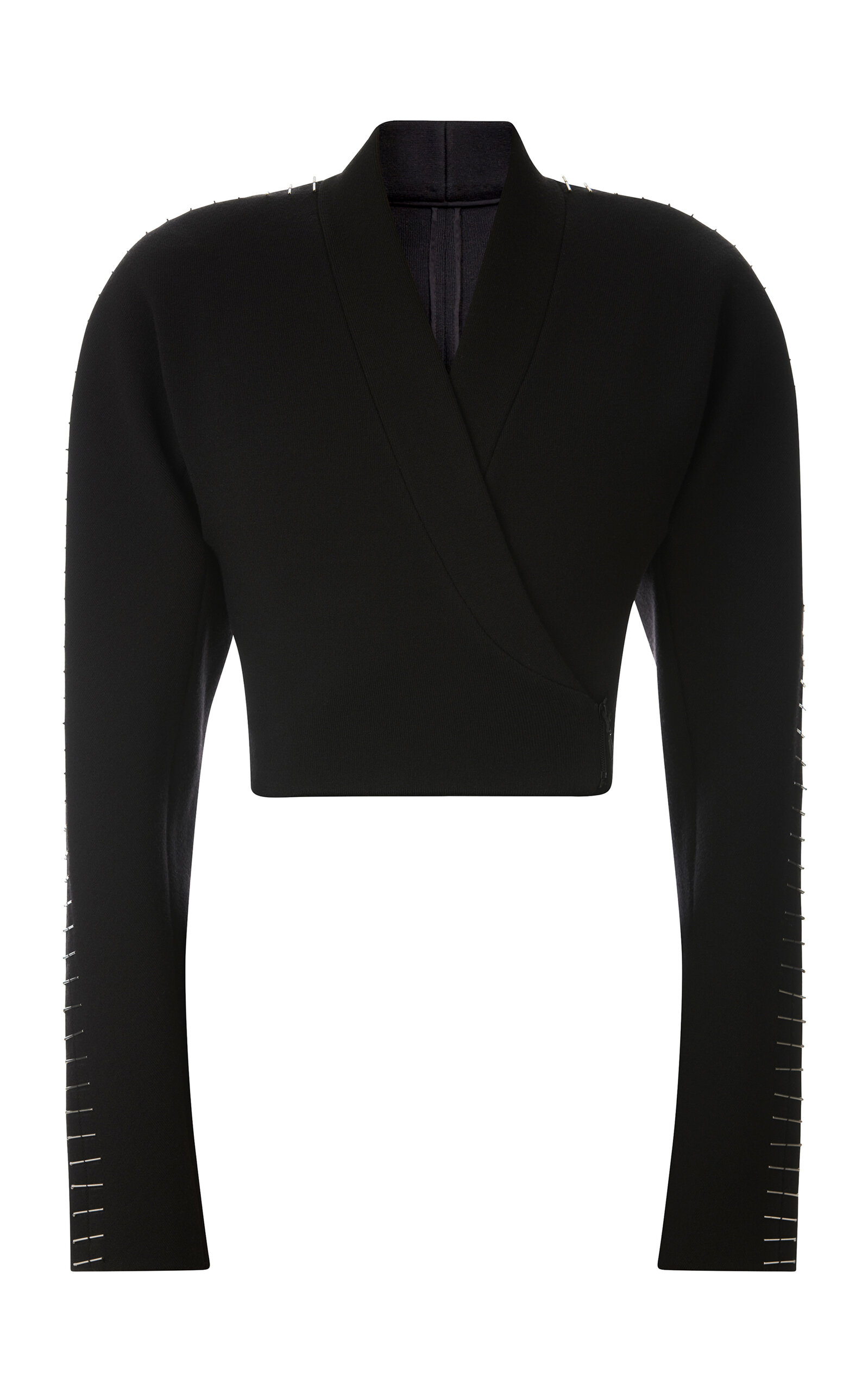 Shop Alaïa Pin-detailed Wool-blend Cropped Wrap Jacket In Black