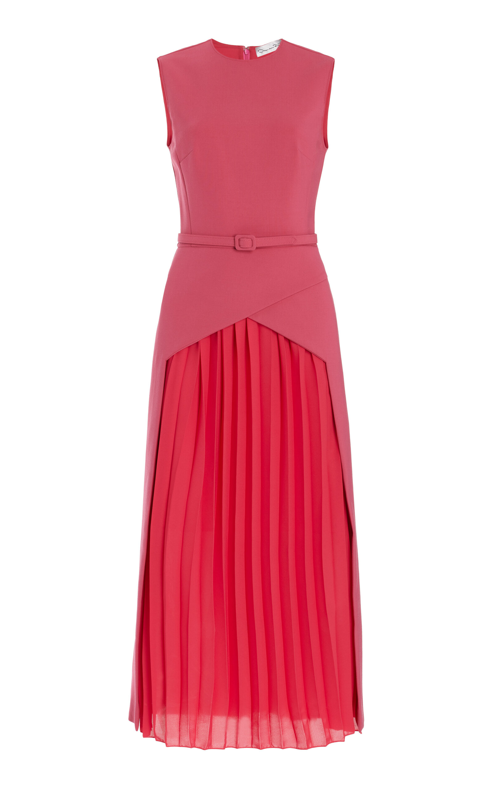 OSCAR DE LA RENTA STRETCH-WOOL PLEATED CHIFFON MIDI DRESS