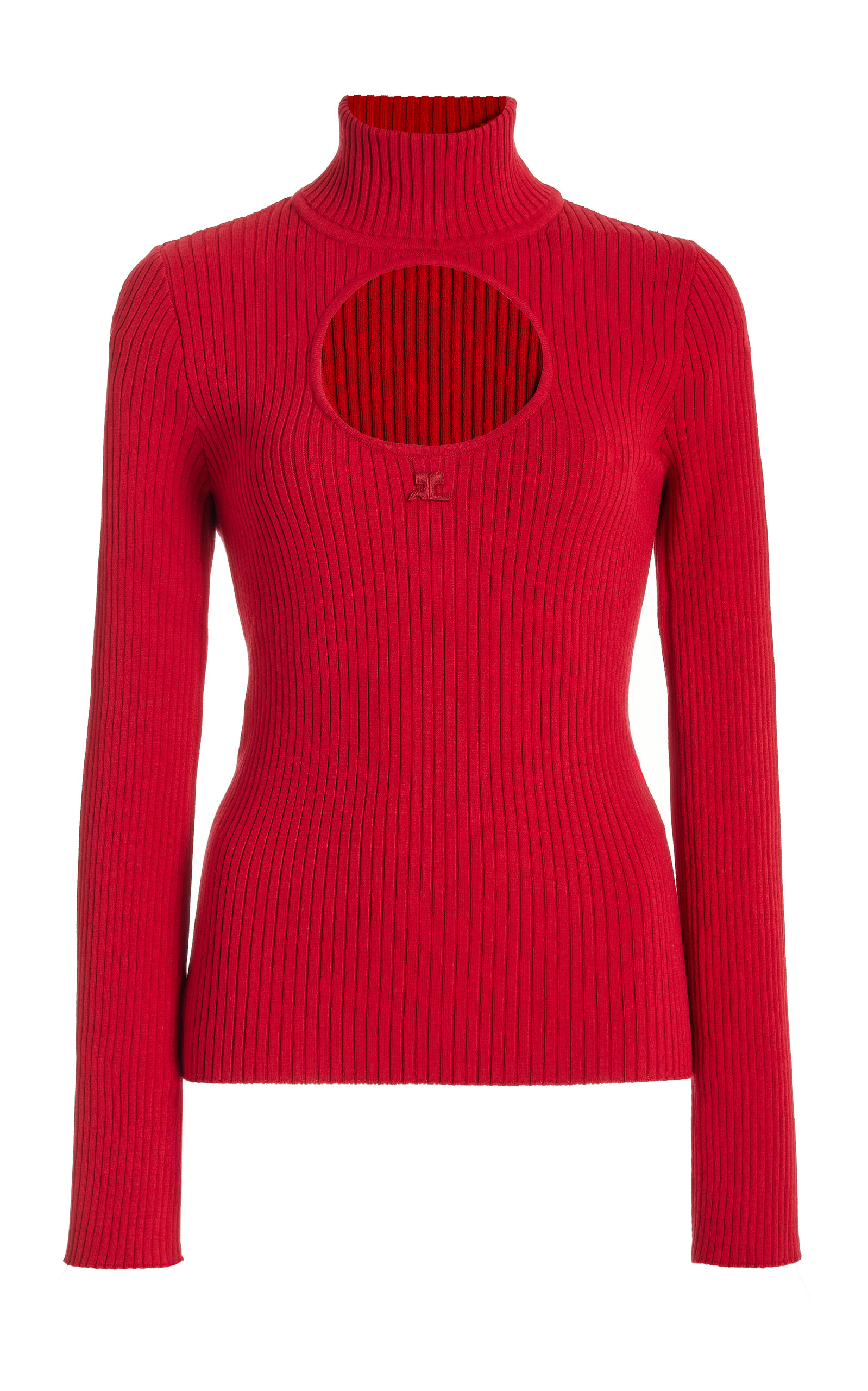 COURRÈGES CUTOUT RIBBED-KNIT MOCK-NECK SWEATER