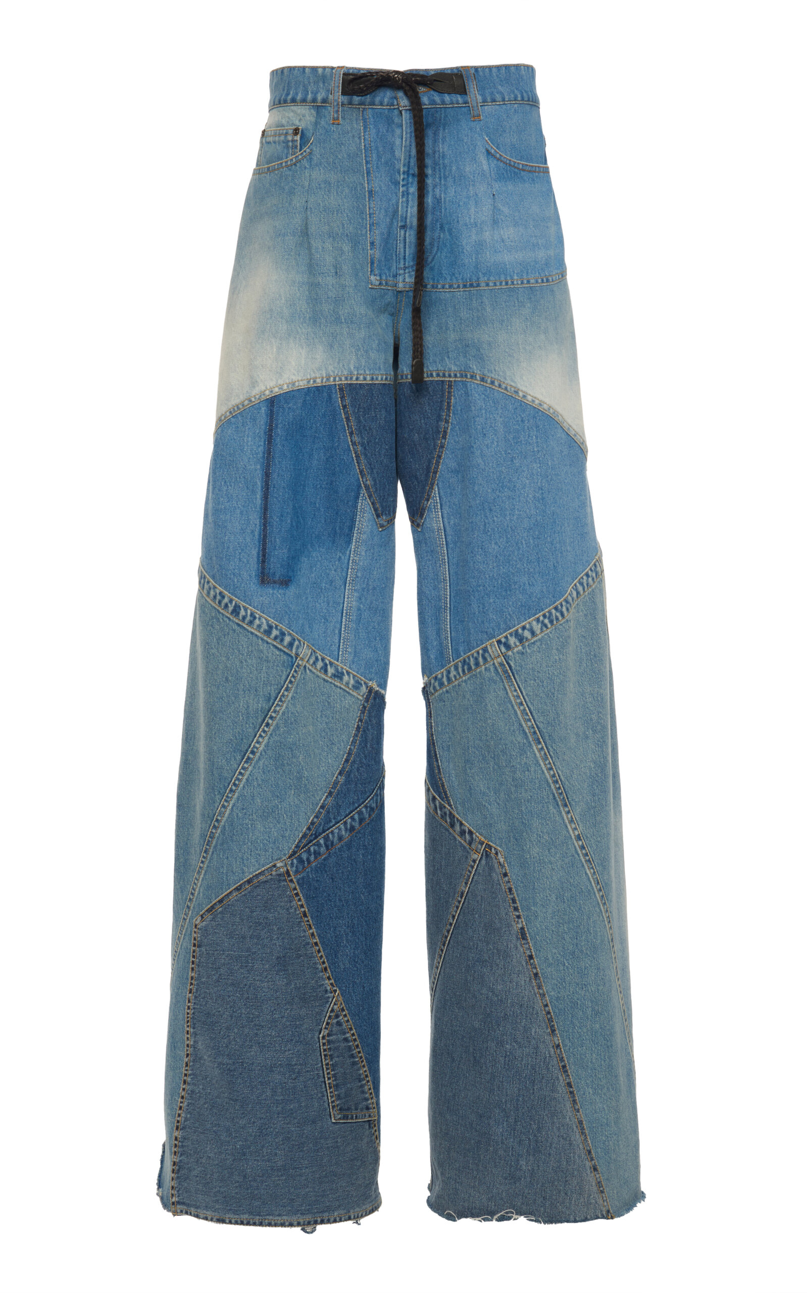 TOM FORD LEATHER-DETAILED VINTAGE PATCHWORK DENIM WIDE-LEG trousers