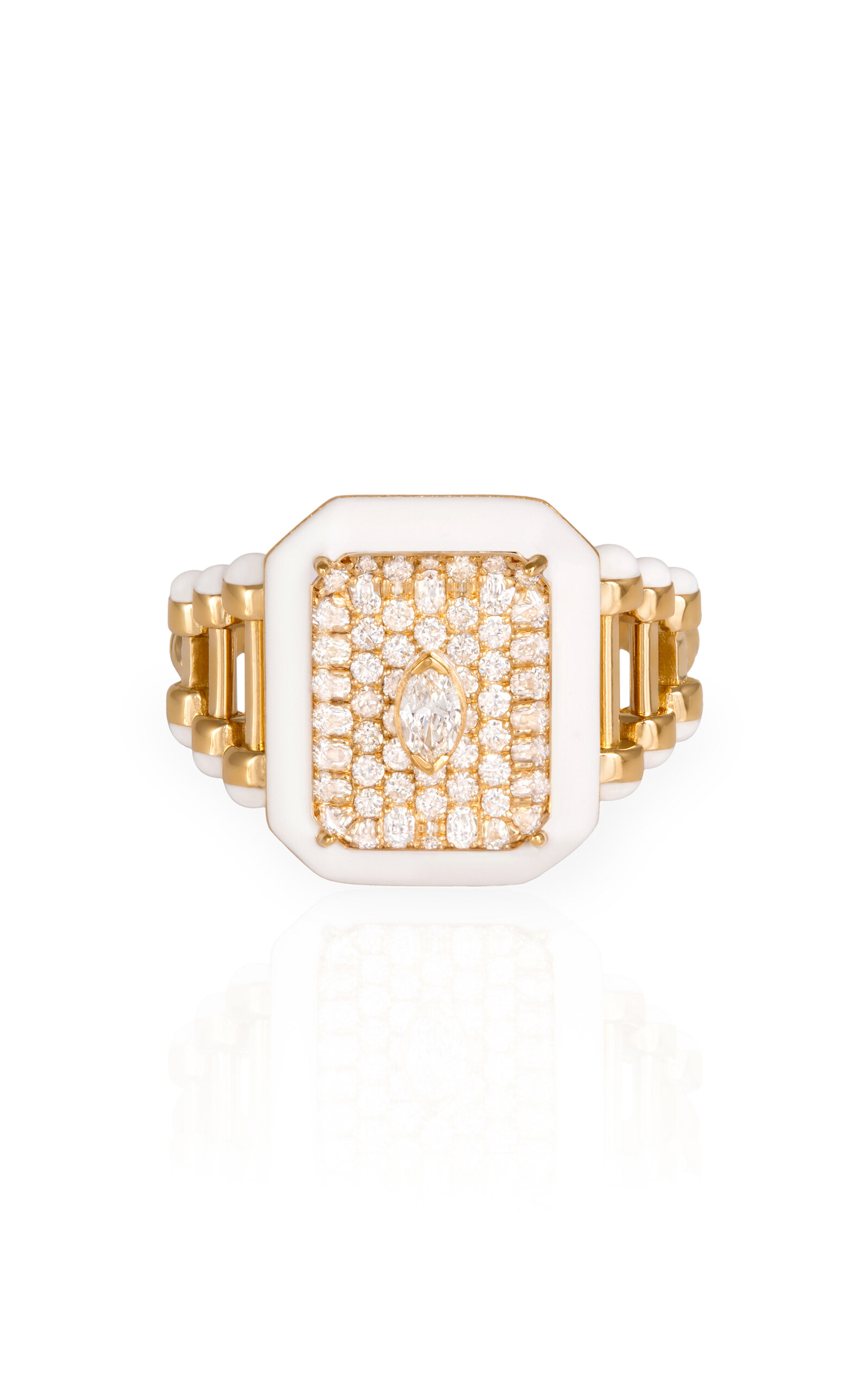 18K Yellow Gold Little Moment in Swan Diamond and White Enamel Ring