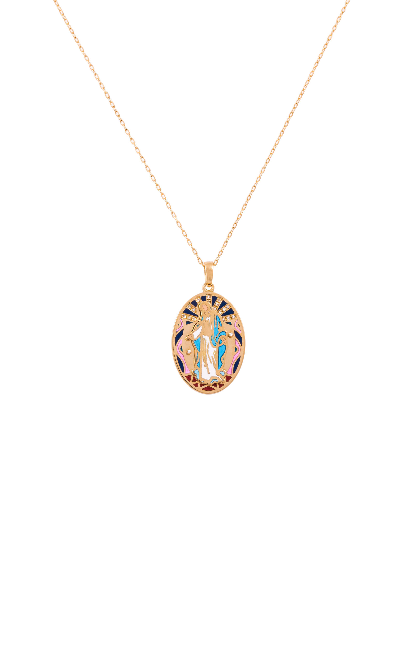 18K Yellow Gold Big Celestial Mary Diamond and Colored Enamel Necklace