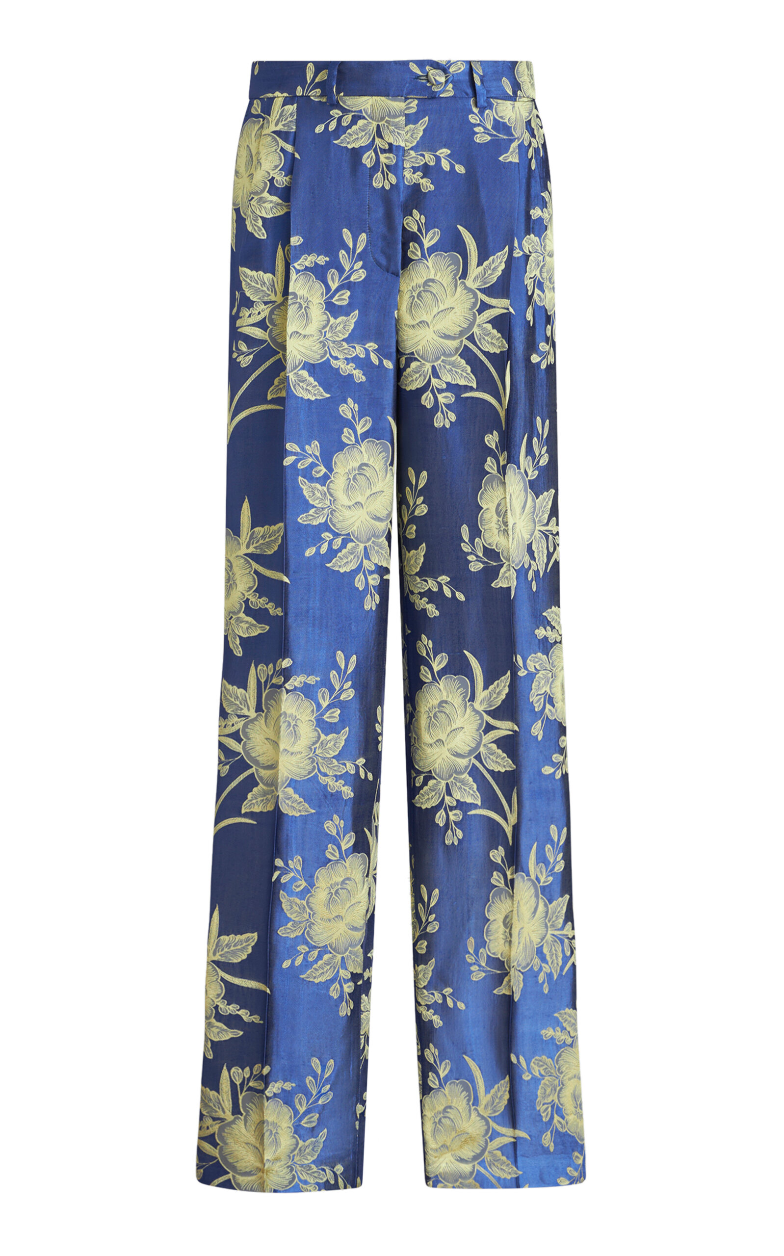 Floral-Satin Straight-Leg Trousers